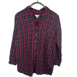J. Jill Red Black Checkered Long Line Flannel‎ Button Up Shirt Size M